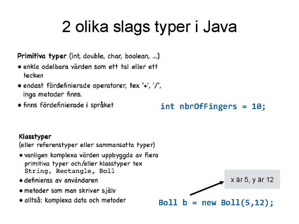 2 olika slags typer i Java int nbr. Of. Fingers = 10; x är