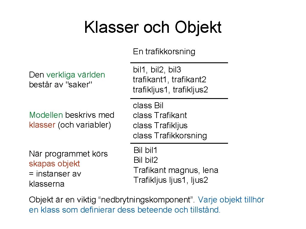 Klasser och Objekt En trafikkorsning Den verkliga världen består av "saker" bil 1, bil