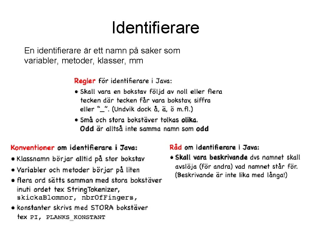 Identifierare En identifierare är ett namn på saker som variabler, metoder, klasser, mm 