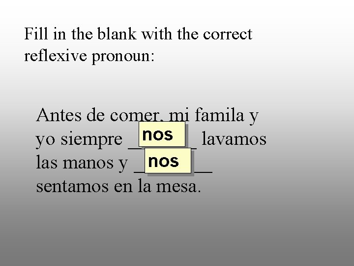 Fill in the blank with the correct reflexive pronoun: Antes de comer, mi famila