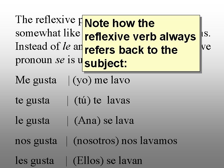 The reflexive pronouns in Spanish are Note how the somewhat like the indirectverb objectalways