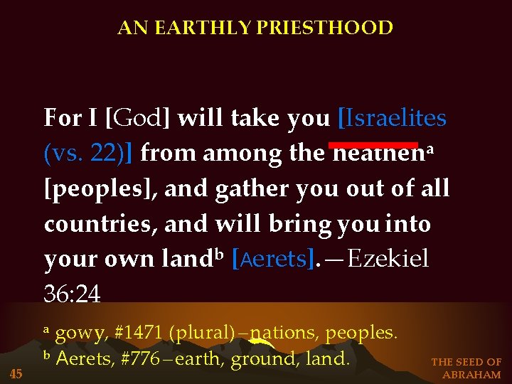 AN EARTHLY PRIESTHOOD For I [God] will take you [Israelites (vs. 22)] from among