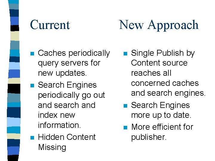 Current n n n Caches periodically query servers for new updates. Search Engines periodically