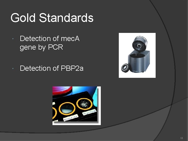 Gold Standards Detection of mec. A gene by PCR Detection of PBP 2 a