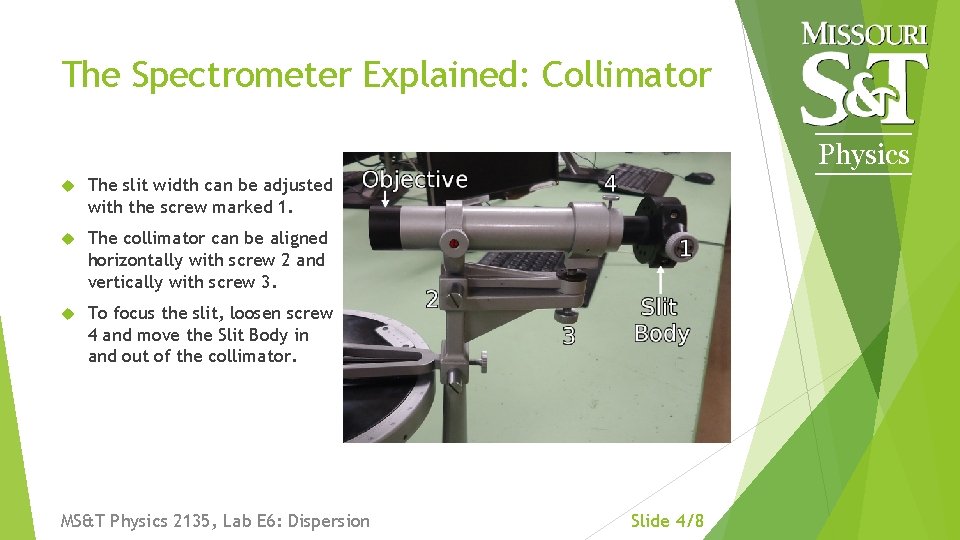The Spectrometer Explained: Collimator Physics The slit width can be adjusted with the screw