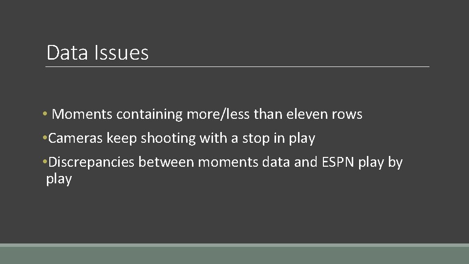 Data Issues • Moments containing more/less than eleven rows • Cameras keep shooting with Data Issues • Moments containing more/less than eleven rows • Cameras keep shooting with