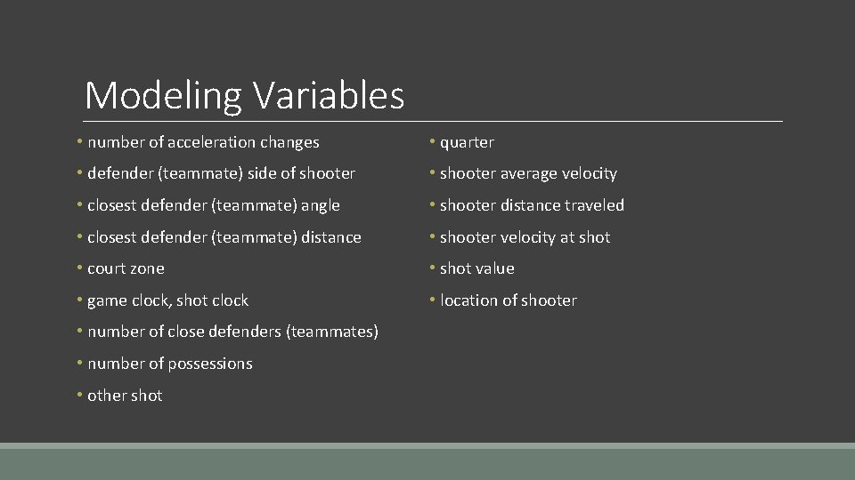 Modeling Variables • number of acceleration changes • quarter • defender (teammate) side of Modeling Variables • number of acceleration changes • quarter • defender (teammate) side of