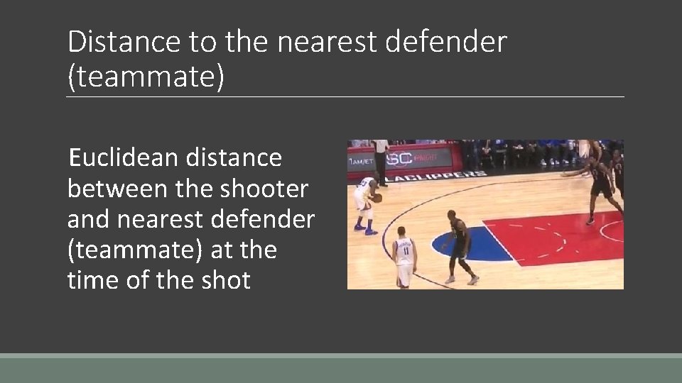 Distance to the nearest defender (teammate) Euclidean distance between the shooter and nearest defender Distance to the nearest defender (teammate) Euclidean distance between the shooter and nearest defender
