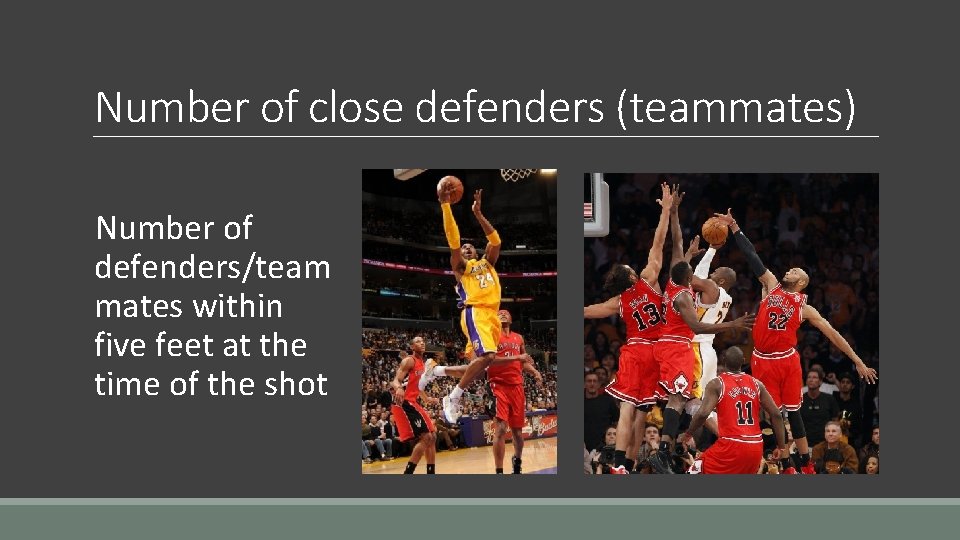Number of close defenders (teammates) Number of defenders/team mates within five feet at the Number of close defenders (teammates) Number of defenders/team mates within five feet at the