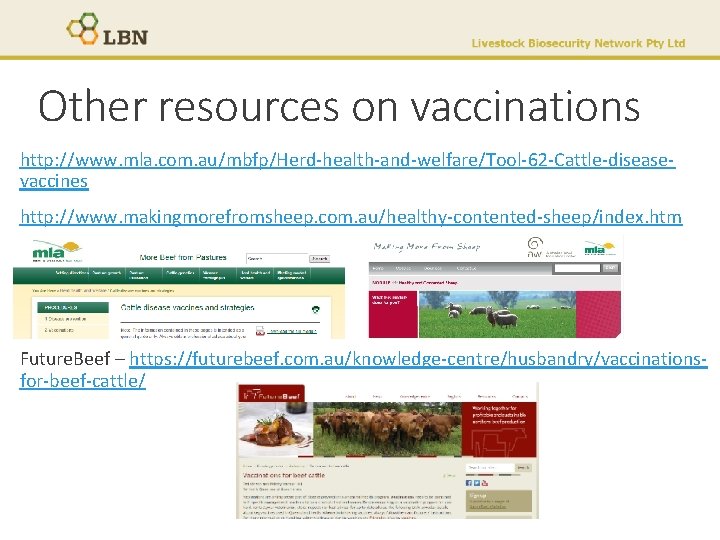 Other resources on vaccinations http: //www. mla. com. au/mbfp/Herd-health-and-welfare/Tool-62 -Cattle-diseasevaccines http: //www. makingmorefromsheep. com.