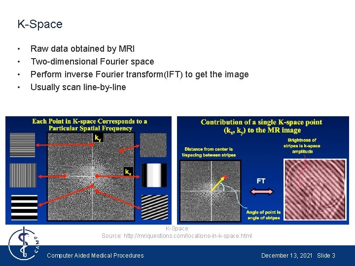 K-Space • • Raw data obtained by MRI Two-dimensional Fourier space Perform inverse Fourier K-Space • • Raw data obtained by MRI Two-dimensional Fourier space Perform inverse Fourier
