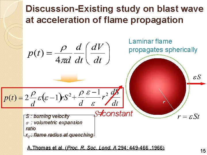 Discussion-Existing study on blast wave at acceleration of flame propagation Laminar flame propagates spherically