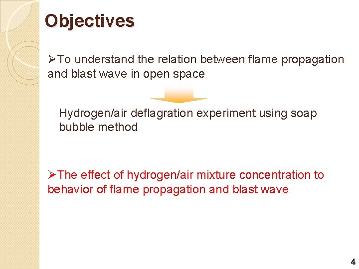 Objectives ØTo understand the relation between flame propagation and blast wave in open space
