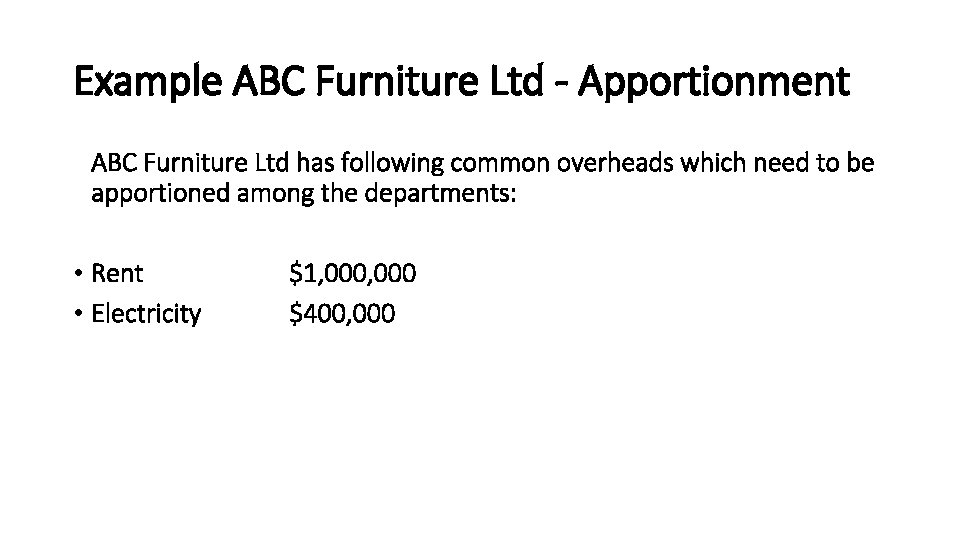 Example ABC Furniture Ltd - Apportionment ABC Furniture Ltd has following common overheads which