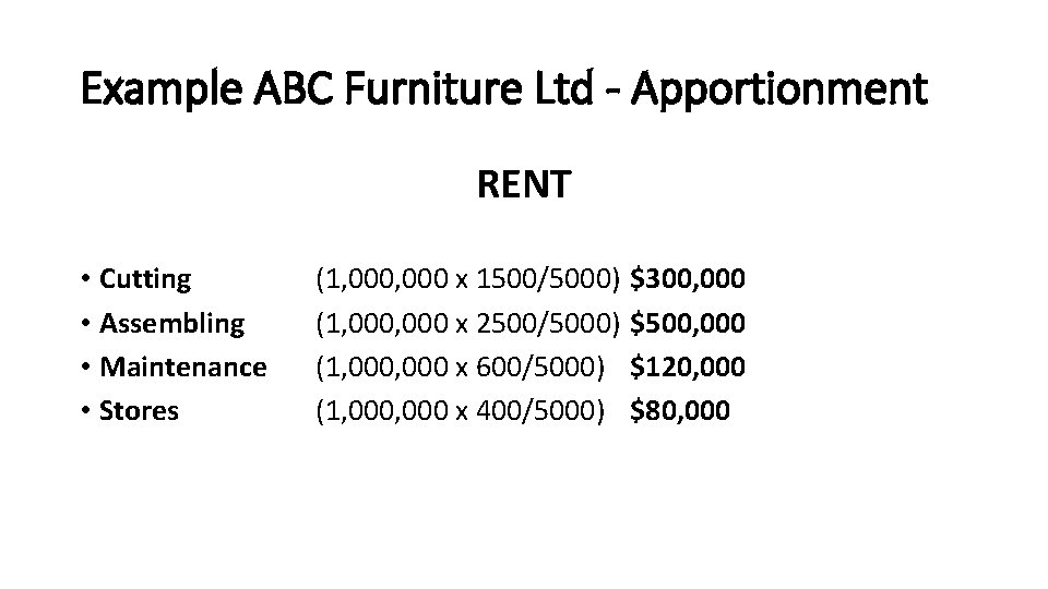Example ABC Furniture Ltd - Apportionment RENT • Cutting • Assembling • Maintenance •