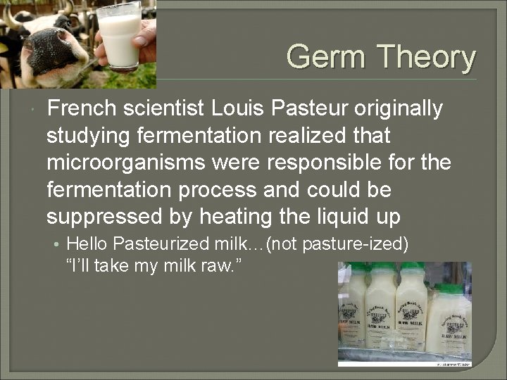 Germ Theory French scientist Louis Pasteur originally studying fermentation realized that microorganisms were responsible