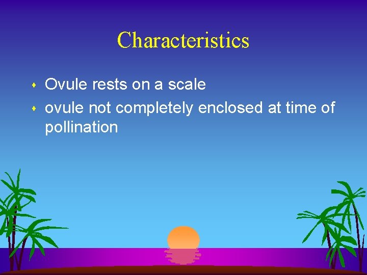 Characteristics s s Ovule rests on a scale ovule not completely enclosed at time