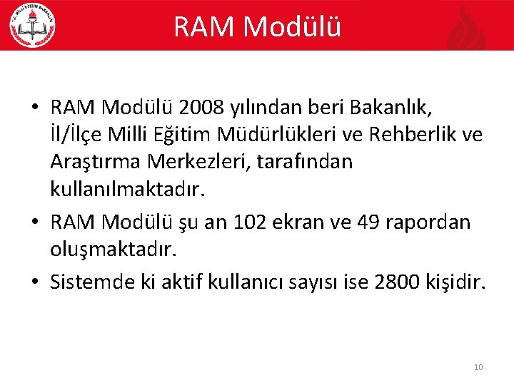 RAM Modülü • RAM Modülü 2008 yılından beri Bakanlık, İl/İlçe Milli Eğitim Müdürlükleri ve