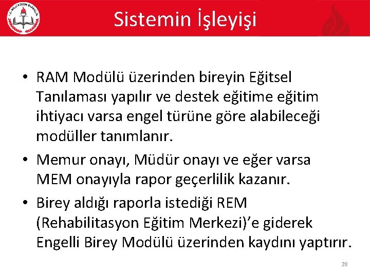 Sistemin İşleyişi • RAM Modülü üzerinden bireyin Eğitsel Tanılaması yapılır ve destek eğitime eğitim