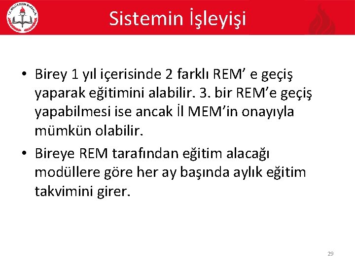 Sistemin İşleyişi • Birey 1 yıl içerisinde 2 farklı REM’ e geçiş yaparak eğitimini