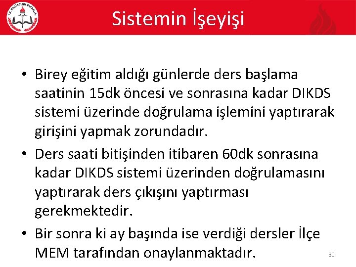 Sistemin İşeyişi • Birey eğitim aldığı günlerde ders başlama saatinin 15 dk öncesi ve