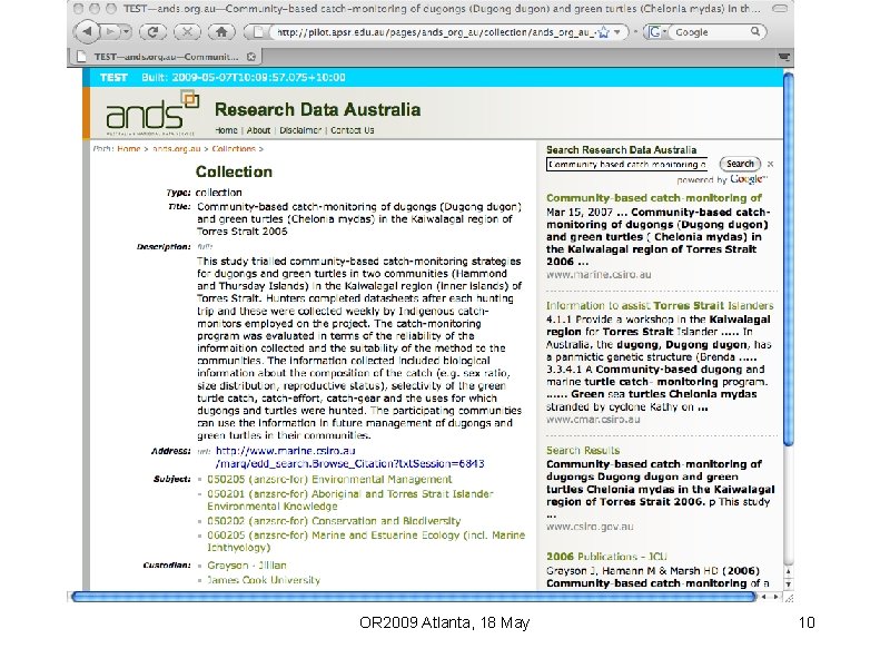 Research Data Australia • Screen grab OR 2009 Atlanta, 18 May 10 