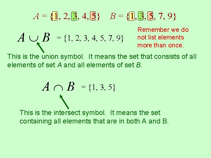 A = {1, 2, 3, 4, 5} A B B = {1, 3, 5,