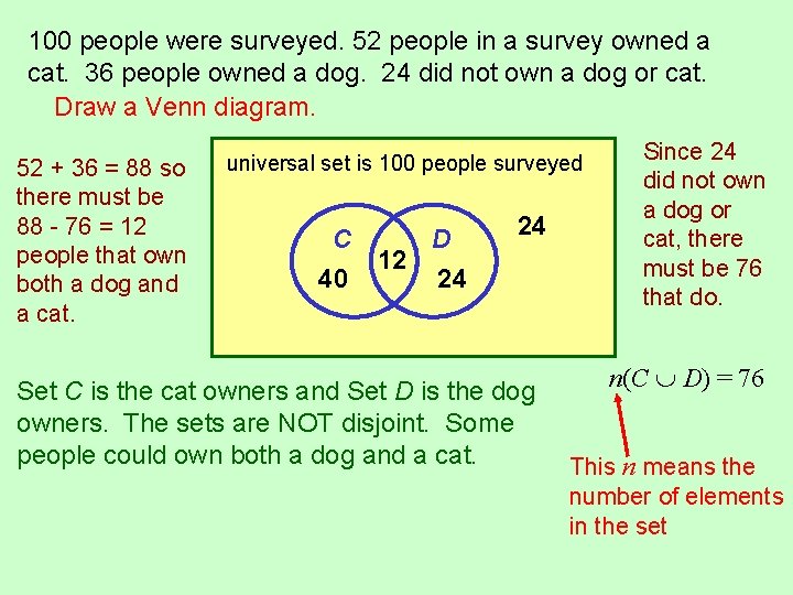 100 people were surveyed. 52 people in a survey owned a cat. 36 people