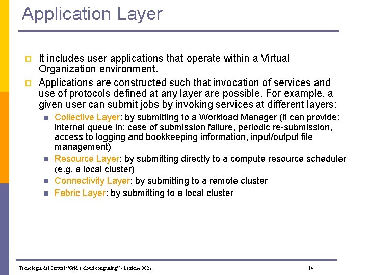 Application Layer p p It includes user applications that operate within a Virtual Organization