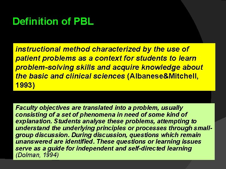 Definition of PBL instructional method characterized by the use of patient problems as a