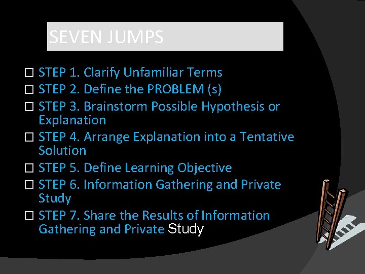 SEVEN JUMPS STEP 1. Clarify Unfamiliar Terms STEP 2. Define the PROBLEM (s) STEP