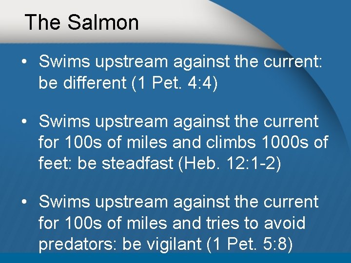 The Salmon • Swims upstream against the current: be different (1 Pet. 4: 4)