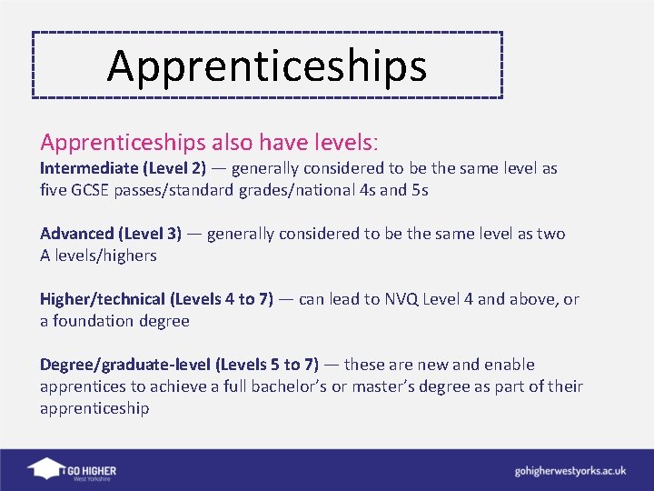 Apprenticeships also have levelsː Intermediate (Level 2) — generally considered to be the same