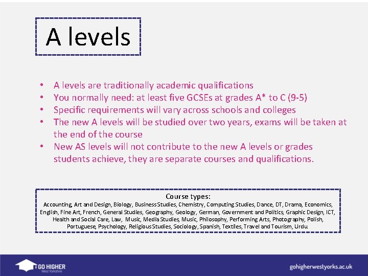 A levels are traditionally academic qualifications You normally need: at least five GCSEs at