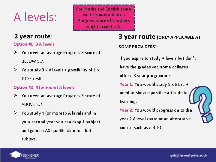 A levels: For Maths and English some courses may ask for a Progress score