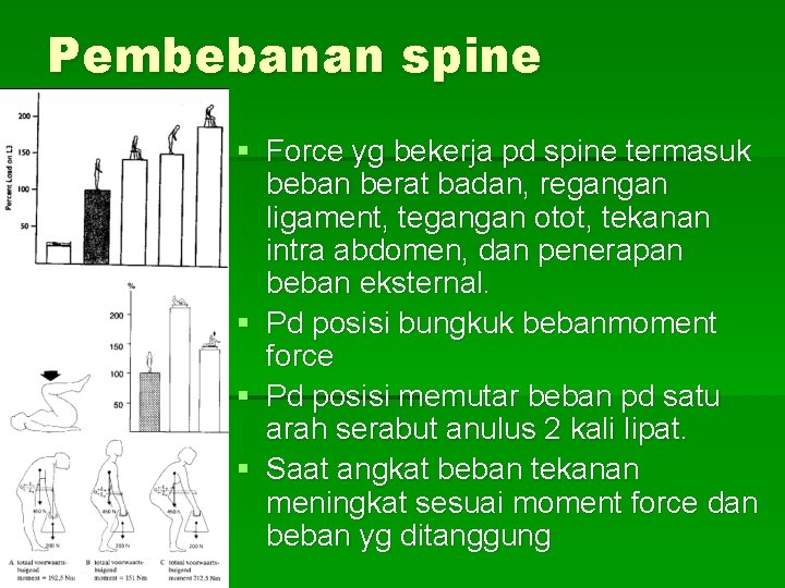 Pembebanan spine § Force yg bekerja pd spine termasuk beban berat badan, regangan ligament,