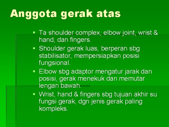 Anggota gerak atas § Ta shoulder complex, elbow joint, wrist & hand, dan fingers.