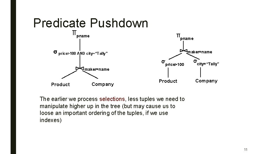 Predicate Pushdown pname s price>100 AND city=“Tally” maker=name price>100 city=“Tally” maker=name Product Company The