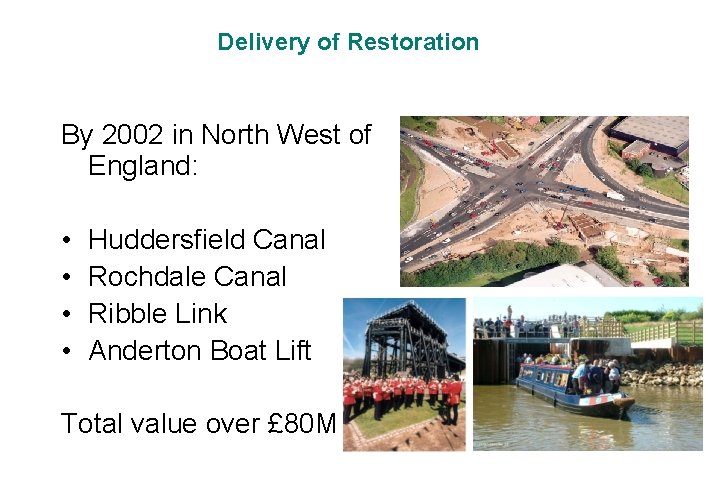 Delivery of Restoration By 2002 in North West of England: • • Huddersfield Canal