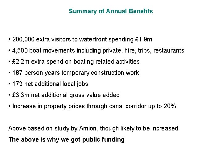Summary of Annual Benefits • 200, 000 extra visitors to waterfront spending £ 1.