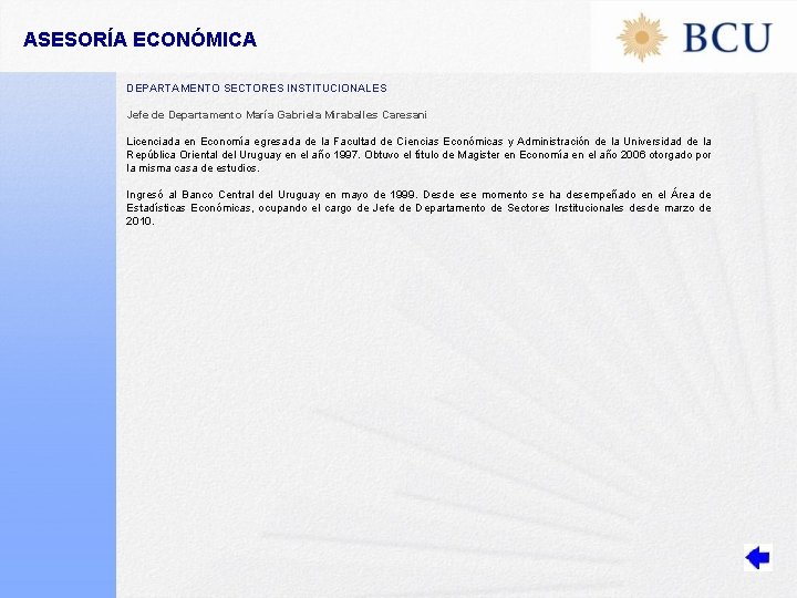 ASESORÍA ECONÓMICA DEPARTAMENTO SECTORES INSTITUCIONALES Jefe de Departamento María Gabriela Miraballes Caresani Licenciada en