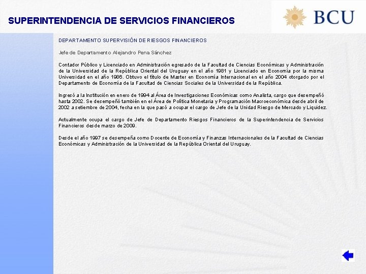 SUPERINTENDENCIA DE SERVICIOS FINANCIEROS DEPARTAMENTO SUPERVISIÓN DE RIESGOS FINANCIEROS Jefe de Departamento Alejandro Pena