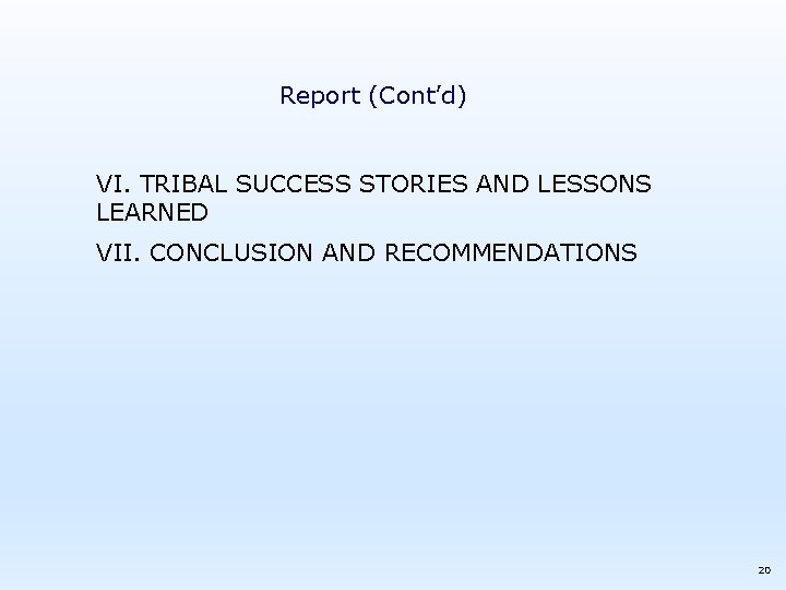 Report (Cont’d) VI. TRIBAL SUCCESS STORIES AND LESSONS LEARNED VII. CONCLUSION AND RECOMMENDATIONS 20