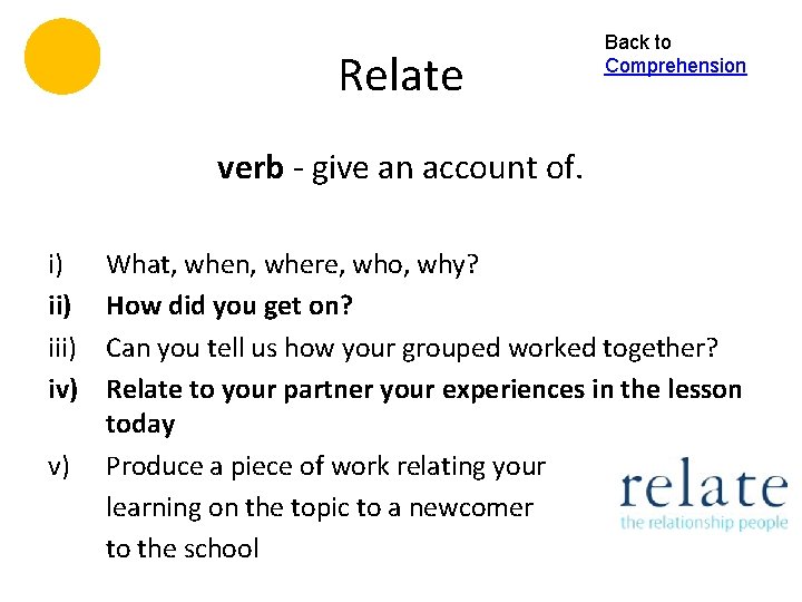 Relate Back to Comprehension verb - give an account of. i) iii) iv) v)