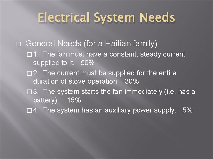 Electrical System Needs � General Needs (for a Haitian family) � 1. The fan Electrical System Needs � General Needs (for a Haitian family) � 1. The fan