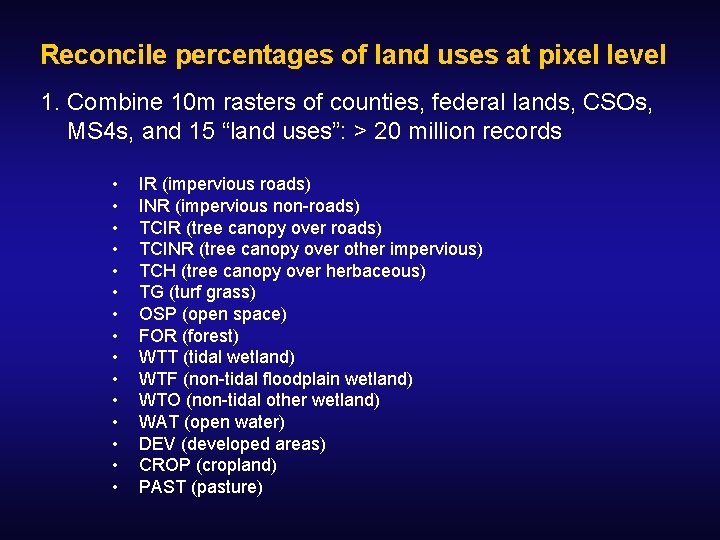 Reconcile percentages of land uses at pixel level 1. Combine 10 m rasters of