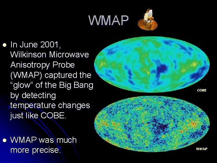 WMAP l In June 2001, Wilkinson Microwave Anisotropy Probe (WMAP) captured the “glow” of