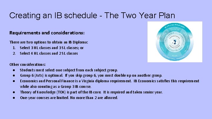 Creating an IB schedule - The Two Year Plan Requirements and considerations: There are