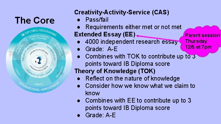 The Core Creativity-Activity-Service (CAS) ● Pass/fail ● Requirements either met or not met Extended