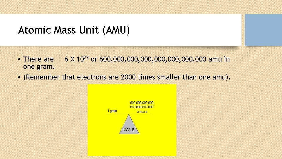 Atomic Mass Unit (AMU) • There are 6 X 1023 or 600, 000, 000,